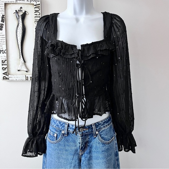 HYFVE Whimsigoth Black Sheer Sequin Tie Front Balloon Sleeve Blouse Top Size S - Picture 1 of 10